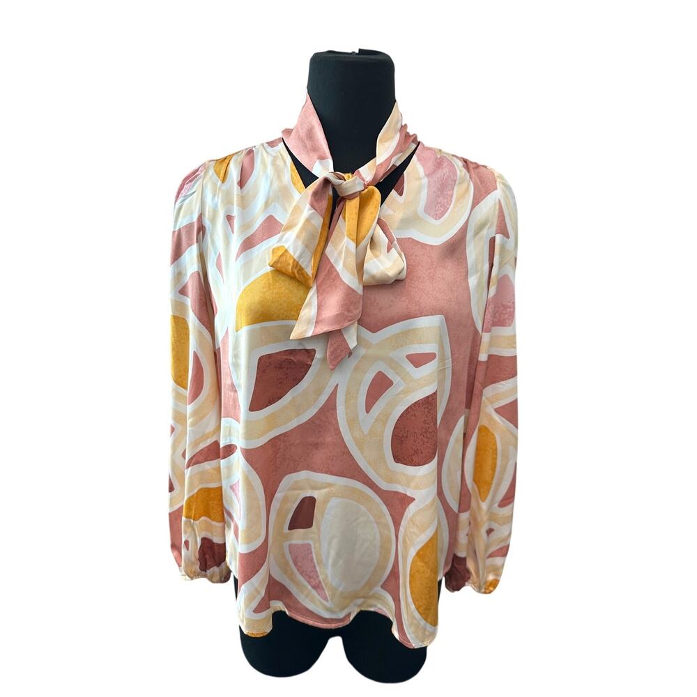 Maison d’Amélie Abstract Print Tie Neck Blouse Puff Sleeve Pink NWT Small - Picture 3 of 9